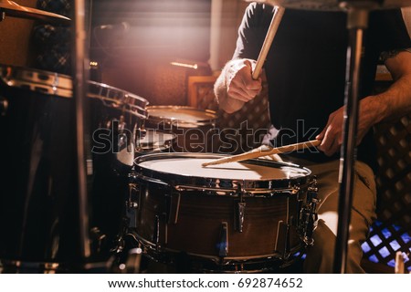 Professional drum set closeup. Drummer with drums, live music concert