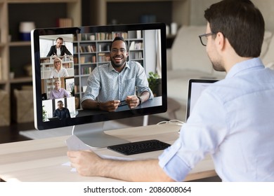 Professional Employee Man Talking To Diverse Business Group, Watching Learning Webinar, Training Of Black Coach, Negotiating To Team Members, Coworkers, Discussing Project Online On Virtual Chat