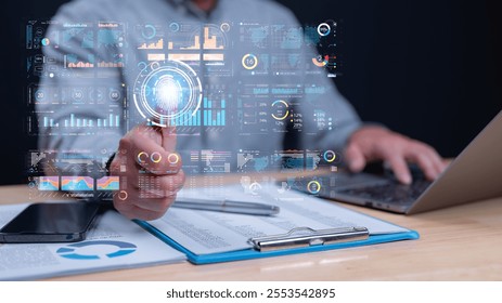 Professional engages with interactive data visualizations, utilizing charts and graphs to derive insights and enhance decision-making, blending technology with analytical skills in dynamic workspace