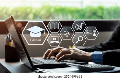 Professional Engaging with E-Learning Platforms on Laptop, Highlighting Virtual Education Tools for Online and Distance Learning to Enhance Student Success, Academic Growth, Modern Digital Classrooms