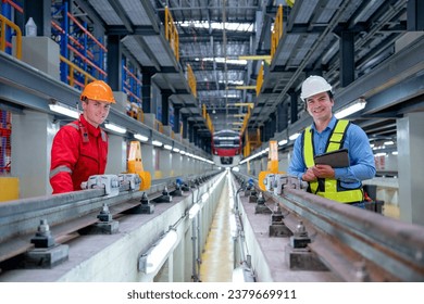 Professional engineer hold tablet and stand with technician worker near railroad tracks of electrical or sky train in factory workplace also look at camera with smiling.