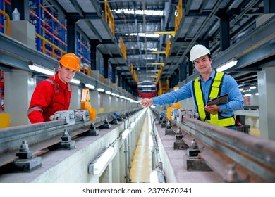 Professional engineer look and camera also hold tablet and point to technician worker near railroad tracks of electrical or sky train in factory workplace.