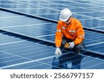 Professional Engineer Service Solar Panel. Worker Maintenance Cleaning Replacing Solar Panel. Solar photovoltaic panel system in Industry roof. Saving Energy with Clean Power.