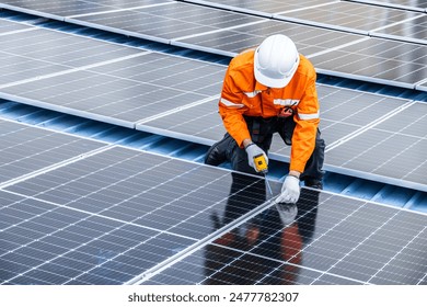 Professional Engineer Service Solar Panel. Worker Maintenance Cleaning Replacing Solar Panel. Solar photovoltaic panel system in Industry roof. Saving Energy with Clean Power.