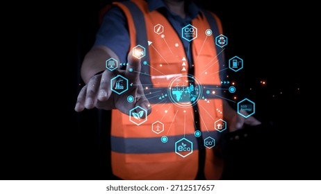Professional engineer touching virtual interface for net zero and carbon neutral concept. Sustainable industrial development showing green energy technology icons on dark background.