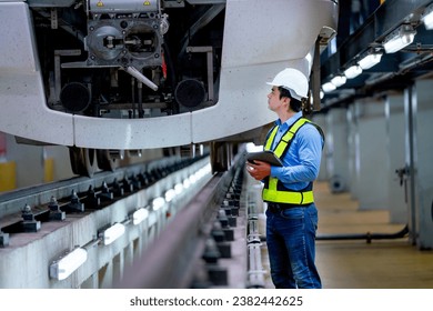 Professional engineer worker hold tablet and check or maintenance front part of electrical or metro tain in factory workplace.