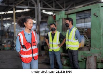 Professional Engineering Woman Worker Walk And Check In Warehouse Factory. Quality Assurance For Manufacturing Industry.