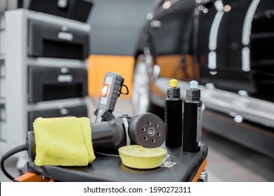 Professional Equipment For Automotive Body Polishing At The Car Service. Car Detailing Tools For Vehicle Care