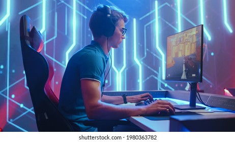 Professional eSports Gamer Plays Mock-up 3D First Person Shooter Video Game His Personal Computer. Cyber Gaming Tournament Championship. Medium Shot