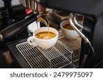Professional espresso machine while preparing  espressos coffee cup in a coffee shop. Close-up of espresso pouring from the coffee machine