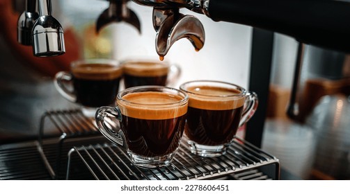 Professional espresso machine while preparing two espressos shot in a coffee shop. Close-up of espresso pouring from the coffee machine