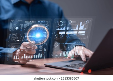 A professional examines digital analytics through an interactive screen, showcasing vital statistics and graphs, emphasizing the integration of technology in data analysis for informed decision-making