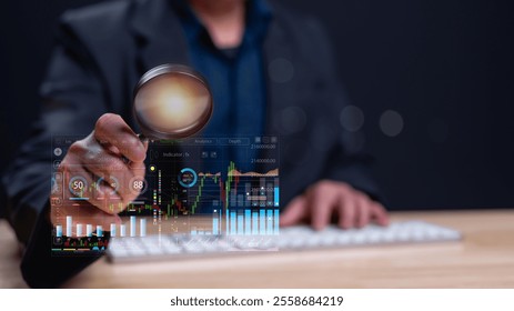 Professional examines financial graphs on digital interface, symbolizing data analysis and market research, highlighting importance of informed decision-making in trading