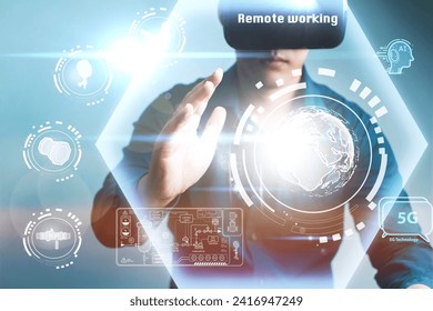 Professional Exploring Virtual Remote Working Solutions: A professional in VR headset interacts with holographic elements symbolizing remote work solutions, global connectivity, and advanced 5G tech