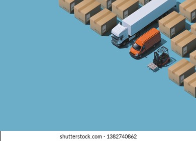 Professional express delivery, warehousing and shipment service: isometric trucks and parcels with copy space