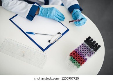 Professional Facility Research In Healthcare System. Top View Of Female Laboratory Assistant Studying Blood Samples In Lab Office