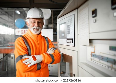 Professional factory worker or engineer in high visibility jacket and hardhat standing by automated machine in industrial production hall. Factory interior.
