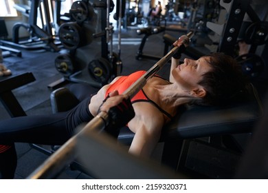 Professional Female Athlete Bench-pressing In Fitness Studio