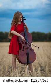 Professional Female Cello Player In Red Dress With Instrument Outdoors