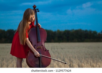 Professional Female Cello Player In Red Dress With Instrument Outdoors