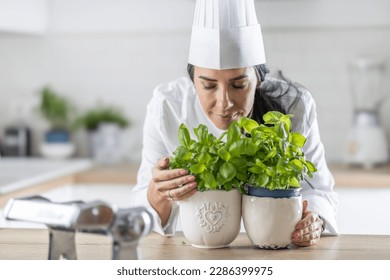 Professional female chef in white hat closes her eyes as she smells fresh basil in pots in front of her. - Powered by Shutterstock