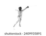 Professional female fencer lunging with grace and precision, flash of her sword against white studio background. Dance of competition. Concept of professional sport, active lifestyle, motion, strength