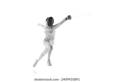 Professional female fencer lunging with grace and precision, flash of her sword against white studio background. Dance of competition. Concept of professional sport, active lifestyle, motion, strength - Powered by Shutterstock