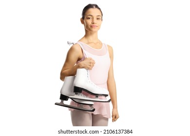 Professional Female Figure Skater In A Pink Dress Carrying Ice-skates On Her Shoulder Isolated On White Background