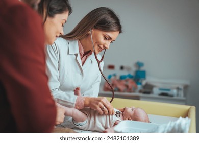 A professional female pediatrician in a white coat listens to a baby's chest with a stethoscope, ensuring health in a clinical setting, with attentive mother watching. - Powered by Shutterstock