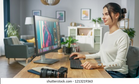 Professional Female Photographer Works in Photo Editing App / Software on His Personal Computer. Photo Editor Retouching Photos of Beautiful Girl. Mock-up Software Design. - Powered by Shutterstock