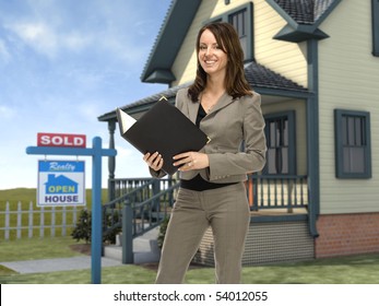 Professional Female Real Estate Agent Standing In Front Of A Home With A 