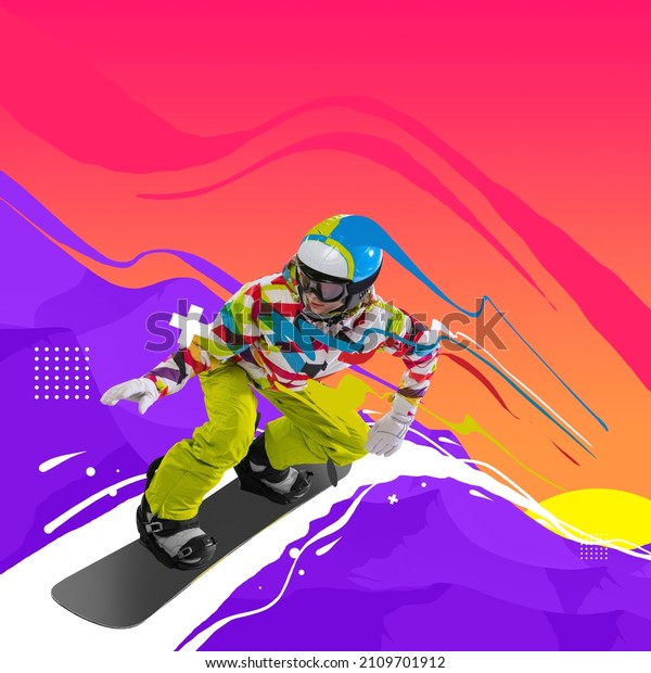 Professional female sportsman, snowboarder in\
sportswear snowboarding isolated bright background. Contemporary\
art collage. Creative artwork. Winter sports, speed, energy,\
extreme sport\
concept