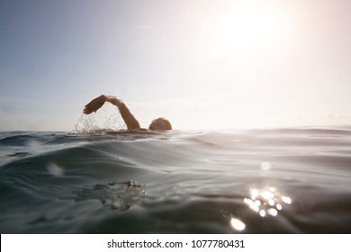 Professional Female Swimmer Swim In The Ocean On The Sunrise