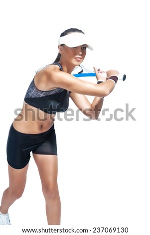 Similar – Rear view portrait of one young athletic woman at crossfit training, exercising with trx suspension fitness straps over dark background