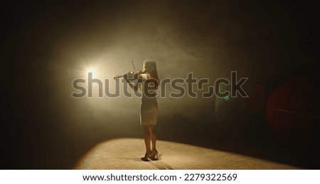 Professional female violinist performing a solo concert on stage. Professional violin player spotted by light on black background 