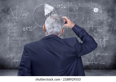 Professional finance corporate business man thinking of investment, figuring out a problem and dealing with stock market crash on a black chalkboard. Manager looking confused while making a decision - Shutterstock ID 2188929553