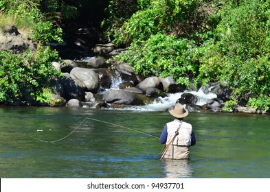 Professional fisherman fly fishes for Trout fish in Tongariro river near Taupo lake, New Zealand.Real people. Copy space
