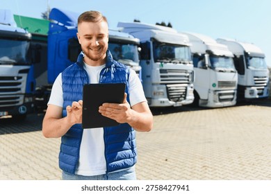 Professional fleet manager using a tablet beside freight trucks, overseeing logistics, operations and digitalized transport efficiency