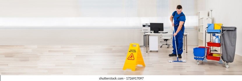 Professional Floor Cleaning Service. Janitor Mopping Office