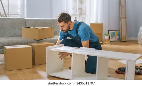 Professional Furniture Assembly Worker Assembles Shelf. Professional Handyman Doing Assembly Job Well, Helping People who Move into New House. - Shutterstock ID 1436511797