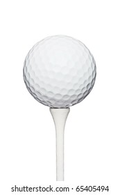 Professional Golf Ball On A Wooden Tee, Against White Background