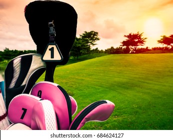 Professional golfer's golf bag with golf clubs, woods, irons  set on fairway green grass in golf course at sunset 