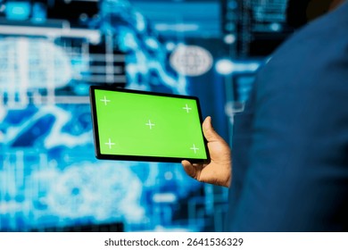 Professional guy in a high tech space uses mockup screen with AI modern tools, representing artificial intelligence data structures and intelligent systems. Innovation and cybernetics for science.