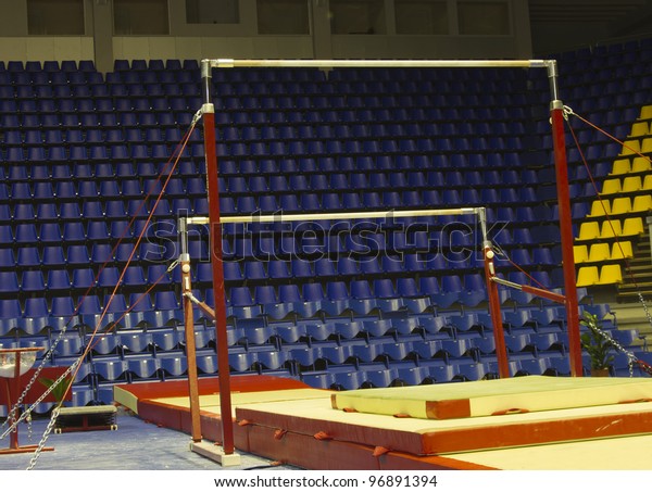 Professional\
gymnastic uneven bars in sport\
palace