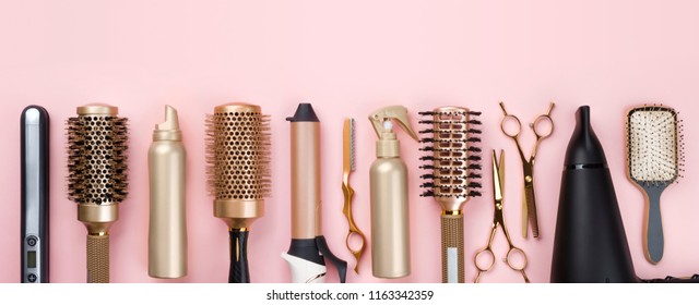 Professional hair dresser tools on pink background with copy space - Shutterstock ID 1163342359