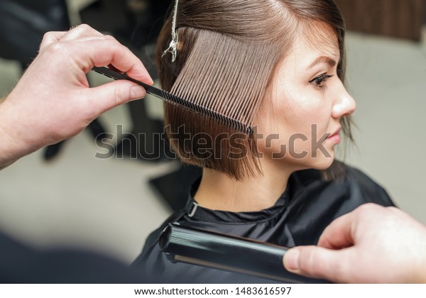 Professional Hairdresser Combing Comb Short Hair Stock Photo Edit