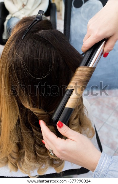 Professional Hairdresser Curling Ombre Hair Iron Stock Photo Edit