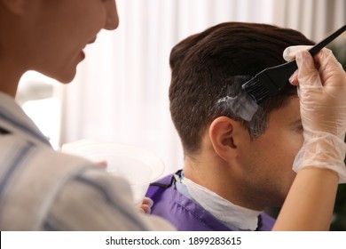 Professional Hairdresser Dying Hair In Beauty Salon, Closeup