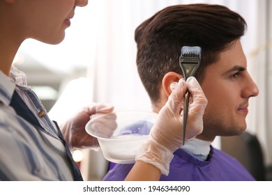 Professional Hairdresser Dying Hair In Beauty Salon, Closeup