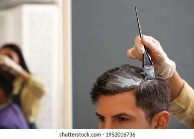 Professional Hairdresser Dying Hair In Beauty Salon, Closeup